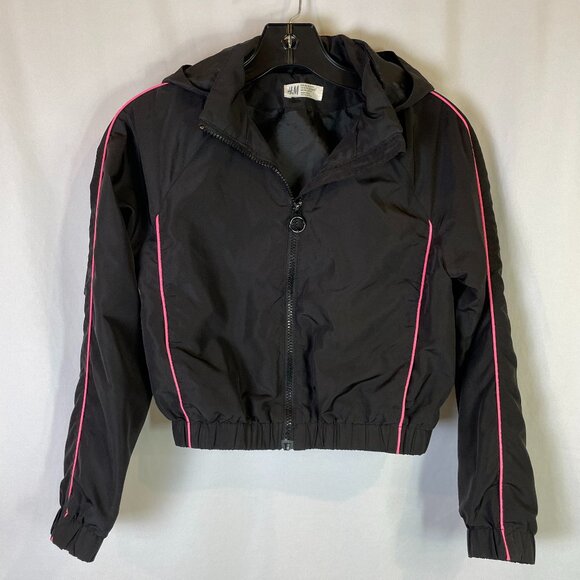 H&M Girls Jacket Size M Windbreaker Lined Removeable Hood Black Pink Trim - Picture 1 of 10